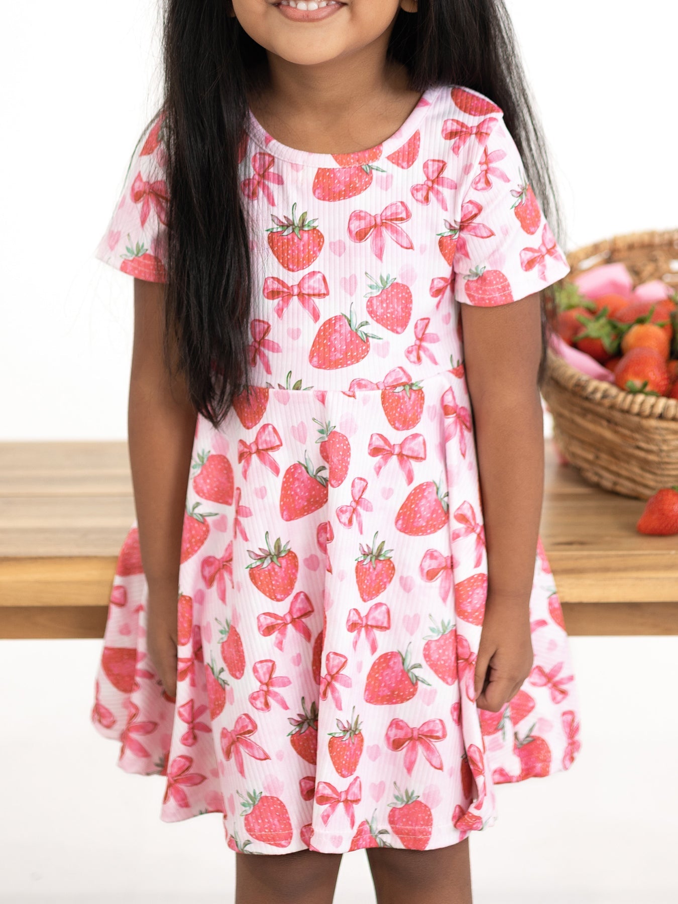 Summer Strawberry Bow Girls Short Sleeve Dress